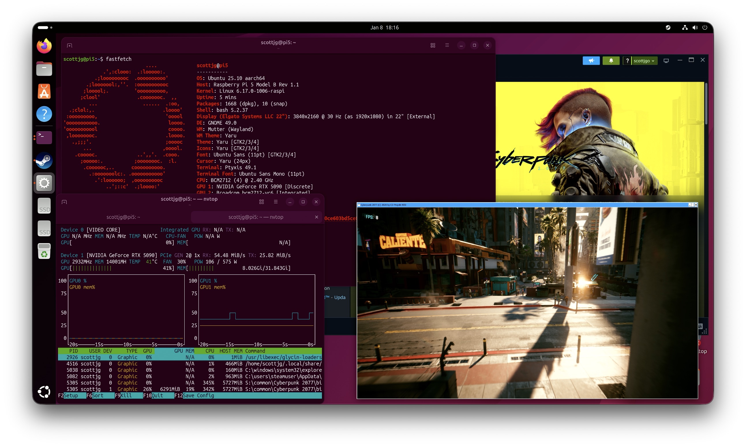 Screenshot of Cyberpunk 2077 running on the Raspberry Pi