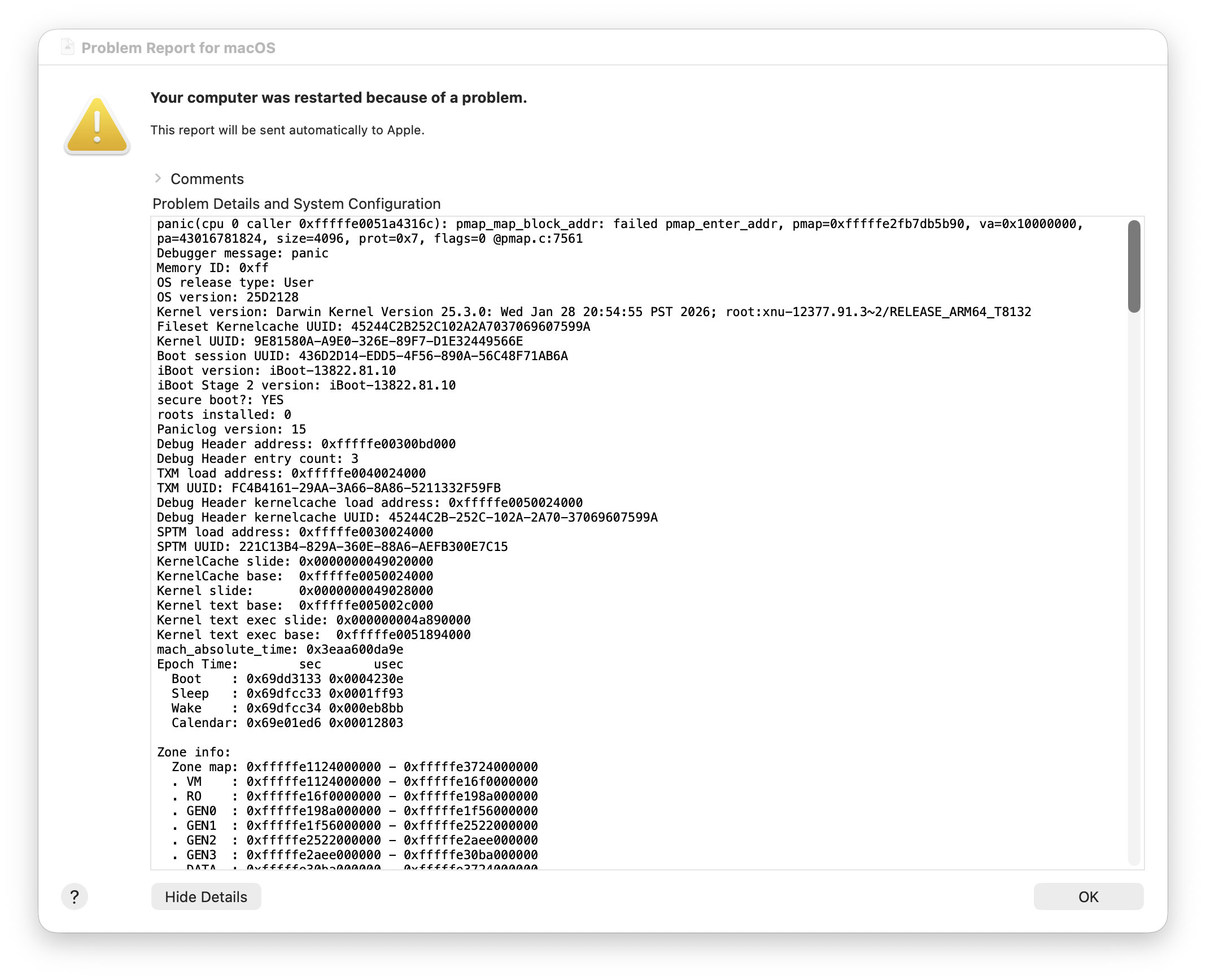 Screenshot of the Problem Report dialog